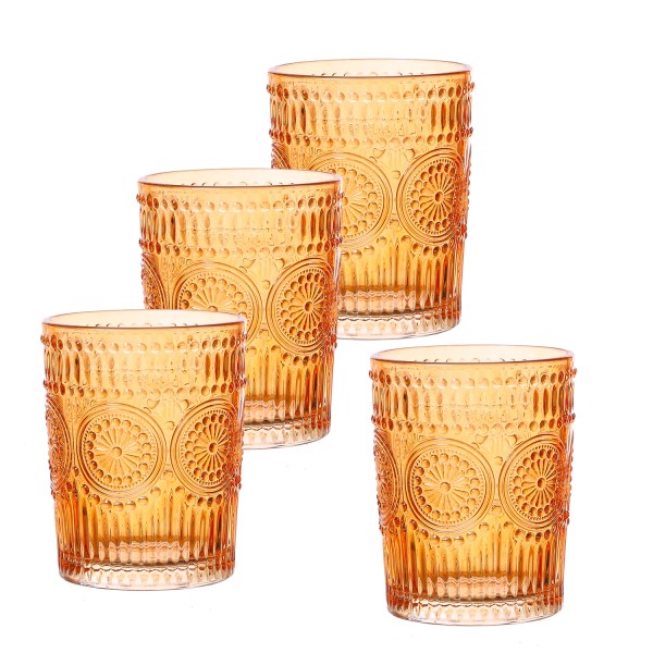 Trinkgläser Vintage - Glas - 280ml - H: 10cm - mit Muster - orange - 4er Set