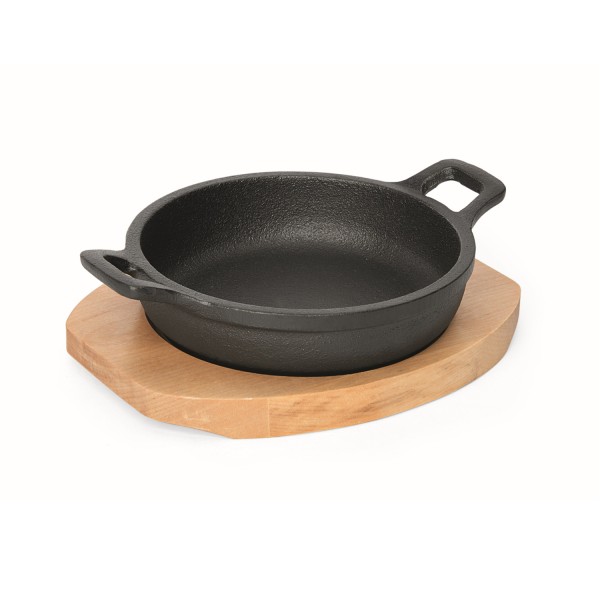 Minipfanne mit 2 Griffen u. Holzuntersetzer - Gusspfanne - Gusseisen - D: 13cm - Servierpfanne