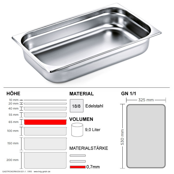 Gastronorm Behälter GN 1/1 - 65mm - GN90 - 18/8 Edelstahl - 0,7mm