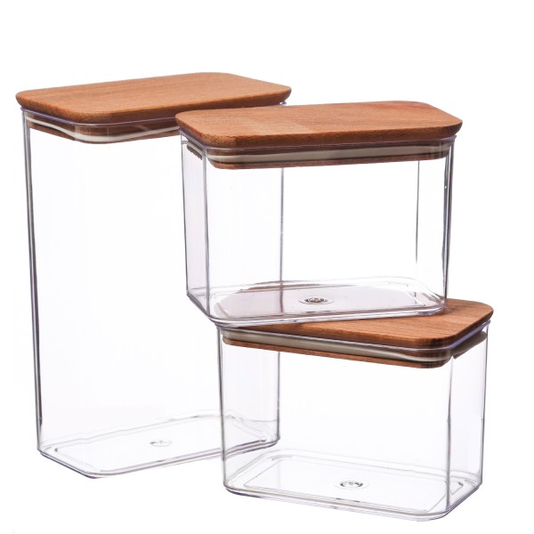 Vorratsdosen - Aufbewahrungsdose - Kunststoff mit Holzdeckel - 1x 2 Liter - 2x 1 Liter - 3er Set