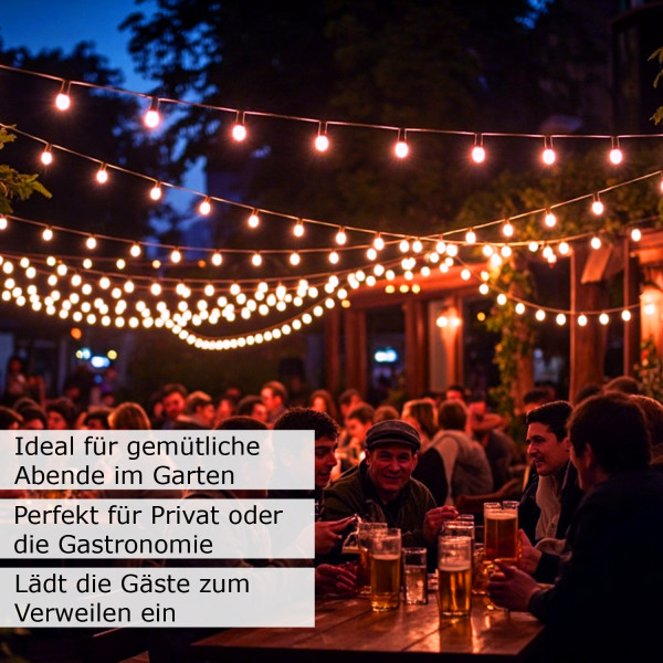 Illu-/Partylichterkette 20m - Außenlichterkette weiß -Made in Germany - 20 warmweiße LED Kugellampen