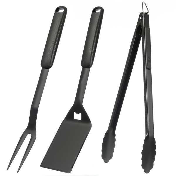 Grillbesteckset PURO schwarz - Gabel, Spatel, Zange - Werkzeug für BBQ und Plancha - 3er Set