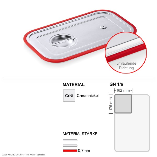 Gastronorm GN 1/6 Transportdeckel - umlaufender Silikon Dichtungsring - Chromnickelstahl