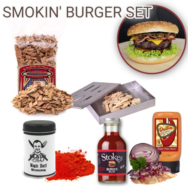 SMOKIN' Burger Set - Rub Magic Dust + Räuchrchips Kirsche + Smokebox + 2 Saucen