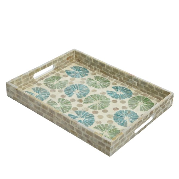 Tablett - Dekotablett - mediterranes Muster - Keramik - L: 38cm - B: 29cm - natur, grün, blau, weiß