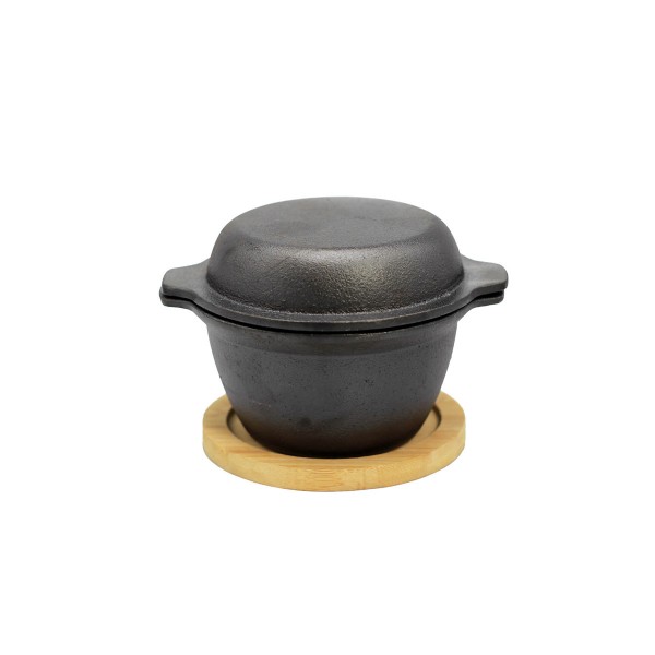 Gusstöpfchen mit Deckel und Holzuntersetzen - D: 10cm - H: 9cm - Inhalt: 0,3L