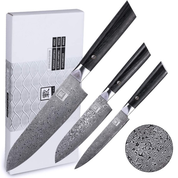 ZAYIKO Damastmesser 3er Set BLACK EDITION - Pakkaholz - VG-10 Stahlkern