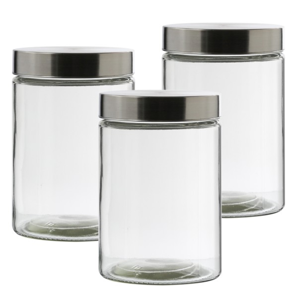 Vorratsdose M - Glas mit Edelstahldeckel - 1,25 Liter - D: 11cm - H: 17cm - 3er Set