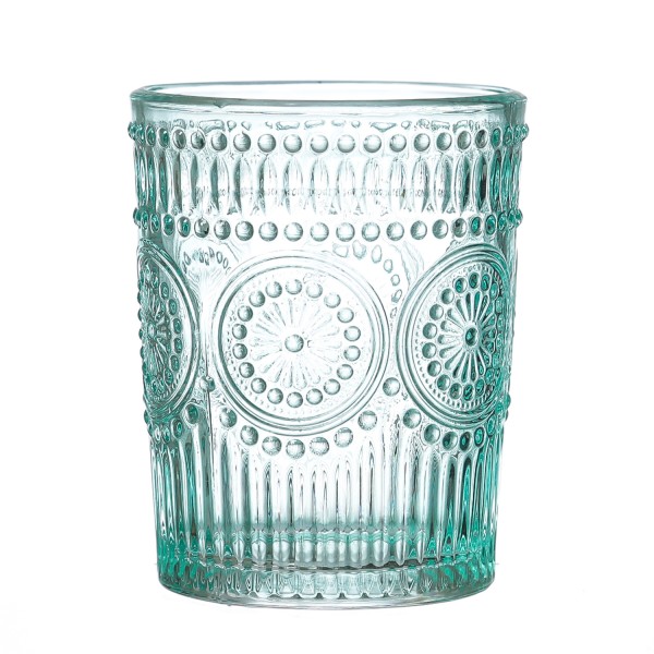 Trinkglas Vintage mit Blumenmuster - Glas - 280ml - H: 10cm - Bohostil - blau