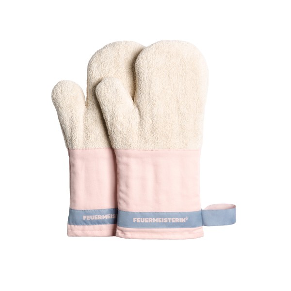 Feuermeisterin Premium Textil Back- und Kochhandschuhe rosa Stulpe/blaues Band, Paar 