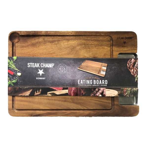 STEAK CHAMP - Steakbrett mit 2 Dipschalen - Akazienholz 42x27x1,6cm