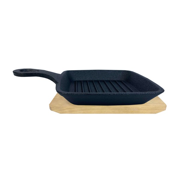 Minipfanne mit Stiel u. Holzuntersetzer - Gusspfanne - Gusseisen - L: 14cm - Servierpfanne
