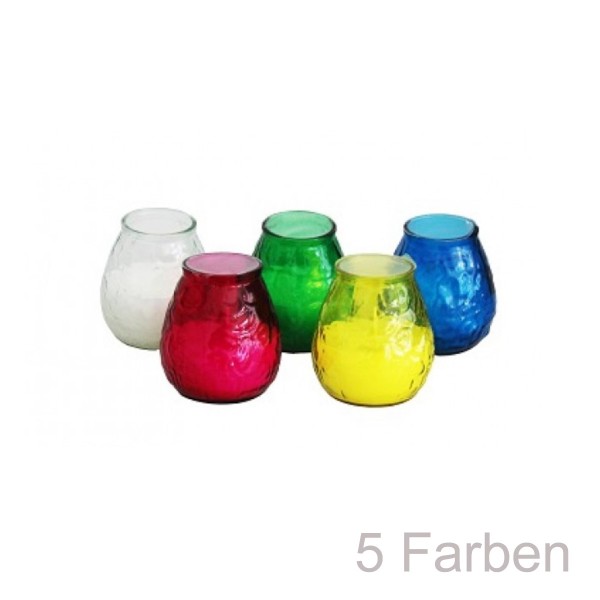5er Set Kerzen im bunten Glas - Citronella - gegen Stechmücken - +/-50 Stunden