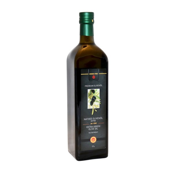 GREEK FIRE 1 Liter Olivenöl Nativ Extra, Glasflasche - MHD bis 01.02.2022