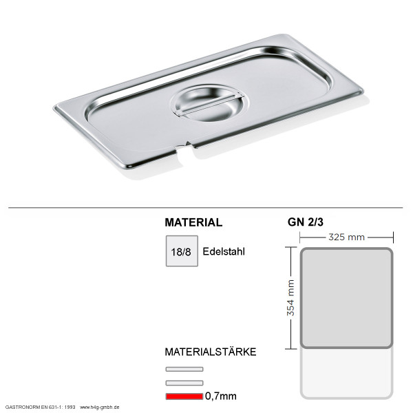 Gastronorm Deckel GN 2/3 - mit Löffelaussparung - GN90 - 18/8 Edelstahl - 0,7mm