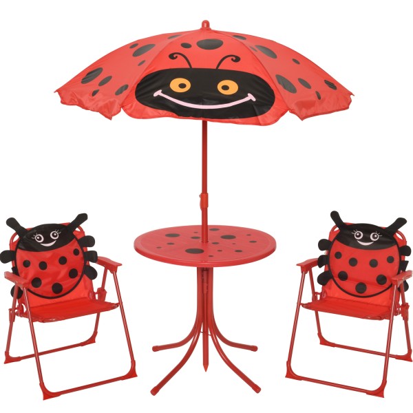 Kindersitzgruppe Marienkäfer LELA - 2 Stühle und Tisch mit Sonnenschirm - 4teilig - rot, schwarz