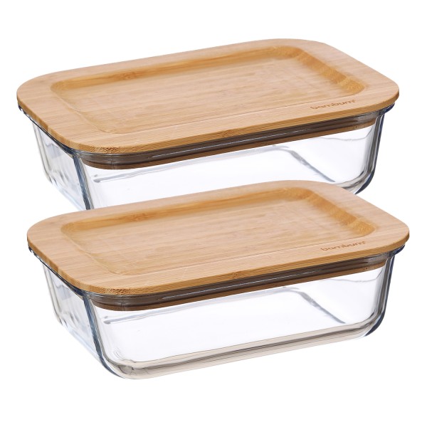 Frischhaltedose - Vorratsbehälter mit Bambusdeckel - Borosilikatglas - rechteckig - 1000ml - 2er Set