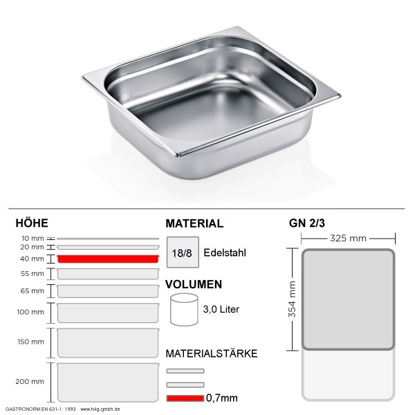Gastronorm Behälter GN 2/3 - 40mm - GN90 - 18/8 Edelstahl - 0,7mm
