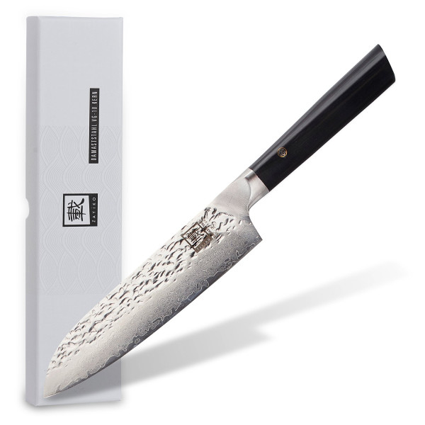 ZAYIKO Damastmesser "KURO Santokumesser" - 17,7cm Klinge - Griff: Pakkaholz - VG-10 Stahlkern