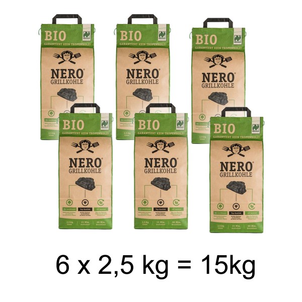 NERO BIO Grill-Holzkohle - 6 x 2,5kg Sack - Garantiert ohne Tropenholz - Holz aus Deutschland