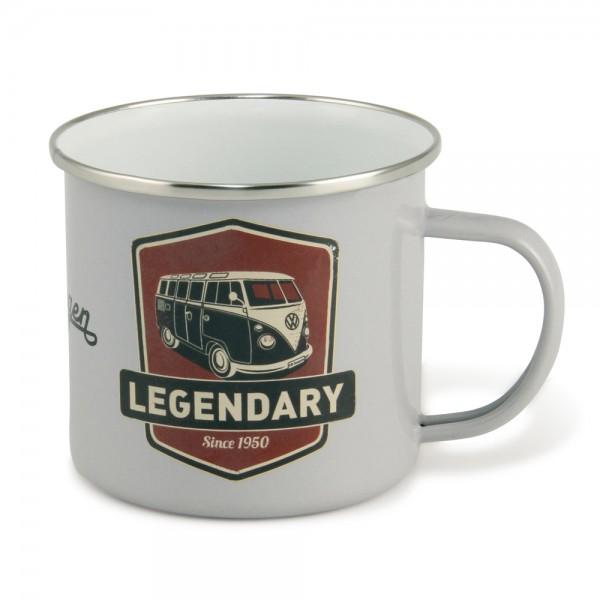 VW Collection Emaille Tasse "VINTAGE LOGO GREY" - 500ml - mit Edelstahlrand