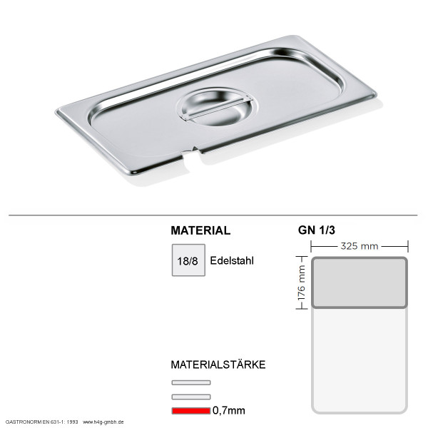 Gastronorm Deckel GN 1/3 - mit Löffelaussparung - GN90 - 18/8 Edelstahl - 0,7mm