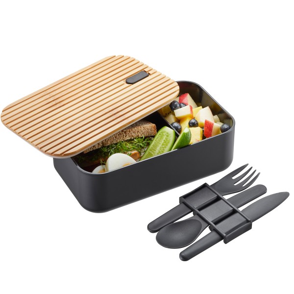 Lunchbox ENVIRO - umweltfreundliche Lunchbox mit 3tlg. Besteck - 1 Liter, Trennsteg, Bambusbasis