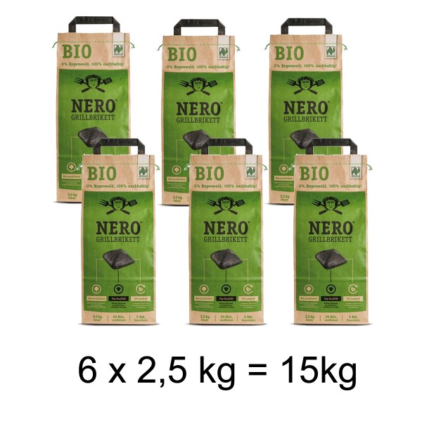 NERO BIO Grill Holzkohle Briketts - 6 x 2,5kg Sack - Garantiert ohne Tropenholz - Holz aus Deutschland