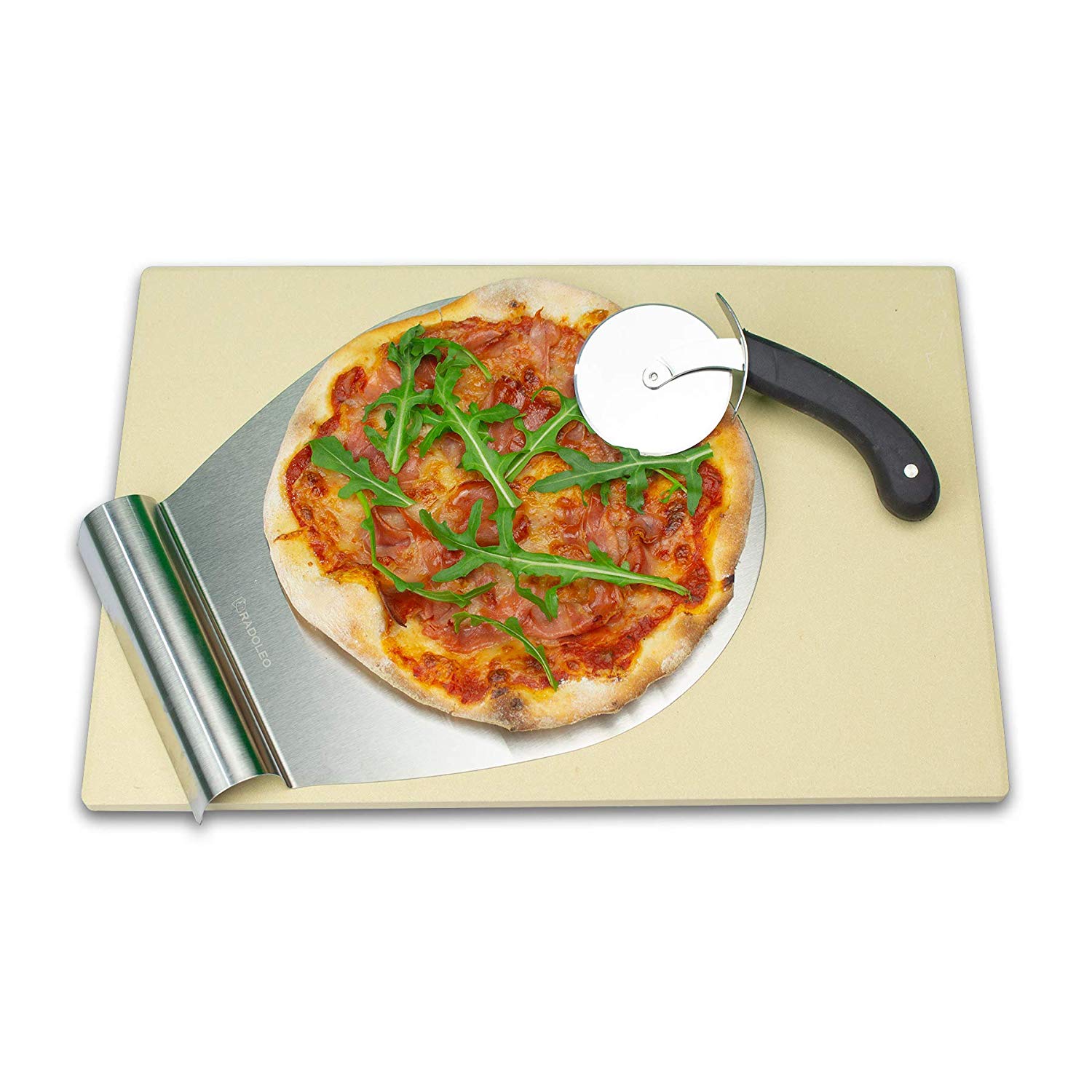 RADOLEO® Pizzastein XL inkl. Edelstahl Pizzaroller hochwertiges