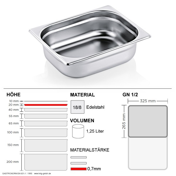 Gastronorm Behälter GN 1/2 - 20mm - GN90 - 18/8 Edelstahl - 0,7mm