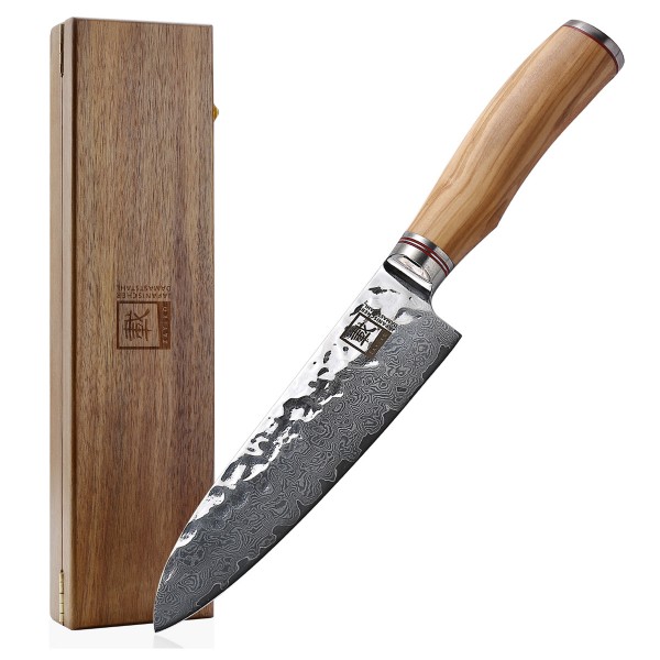 ZAYIKO Damastmesser "OLIVE Santokumesser" - 17,5cm Klinge - Griff: Olivemholz - VG-10 Stahlkern