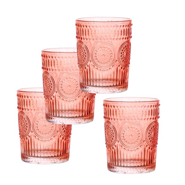 Trinkgläser Vintage mit Blumenmuster - Glas - 280ml - H: 10cm - Bohostil - rot/rosa - 4er Set
