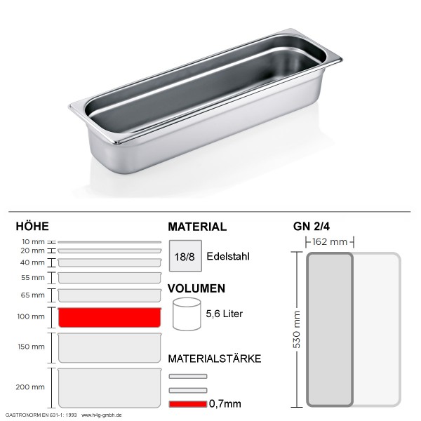 Gastronorm Behälter GN 2/4 - 100mm - GN90 - 18/8 Edelstahl - 0,7mm