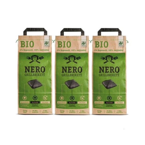 NERO BIO Grill Holzkohle Briketts - 3 x 2,5kg Sack - Garantiert ohne Tropenholz - Holz aus Deutschla