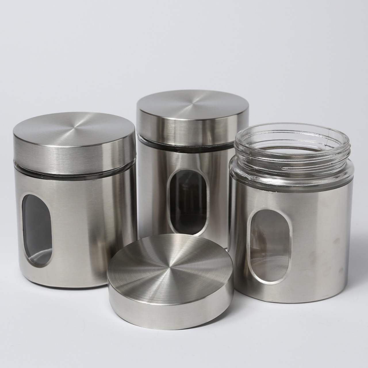 GAUMENKICK Vorratsdose - Edelstahl - Vorratsgläser mit Sichtfenster - 0,6 Liter - D: 10cm, H: 12cm - 3er Set