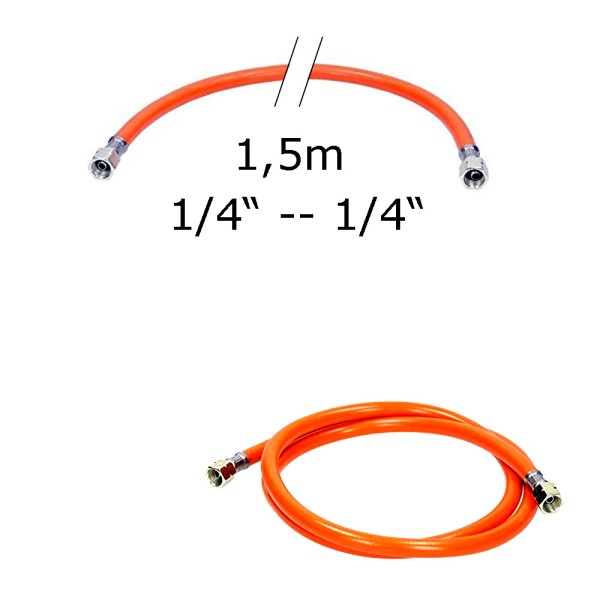Gasschlauch 1,5m - Mitteldruck orange 6,3x3,5mm; Gewebeeinlage - 1/4" auf 1/4" Überwurfmutter