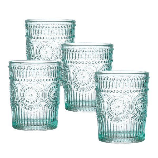 Trinkgläser Vintage mit Blumenmuster - Glas - 280ml - H: 10cm - Bohostil - blau - 4er Set