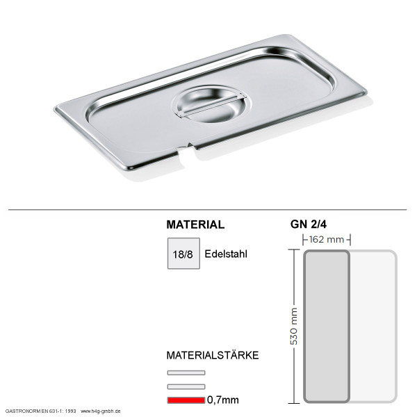 Gastronorm Deckel GN 2/4 - mit Löffelaussparung - GN90 - 18/8 Edelstahl - 0,7mm