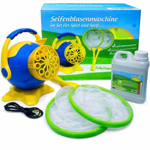 HOLLYHOPPER® Seifenblasenmaschinen Set mit 1L Qualitäts-Fluid, 2x Fang-Kescher