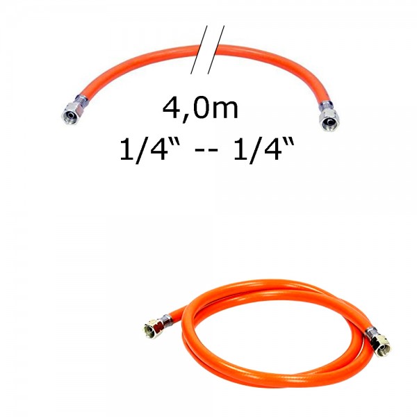 Gasschlauch 4,0m - Mitteldruck 6,3x3,5mm; Gummi + Gewebeeinlage - 1/4" auf 1/4" Überwurfmutter