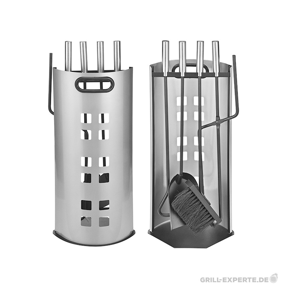 GRILL-EXPERTE.de Kaminbesteck 5teilig - Metall - mit Sichtschutzblech - 4 Werkzeuge - Edelstahlgriffe