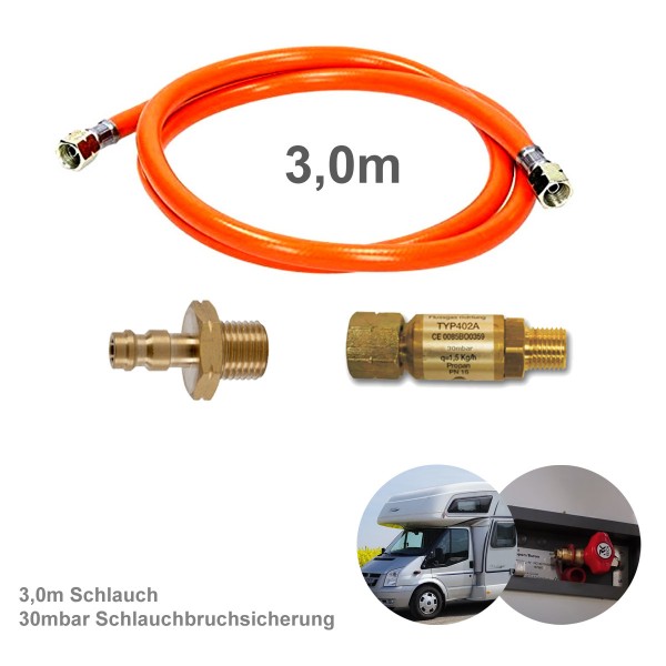 Wohnmobil Anschluss KIT 300cm - Schnellkupplung, Schlauchbruchsicherung  30mbar - Adapter