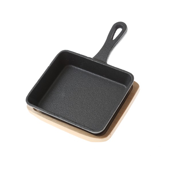 Minipfanne mit Stiel u. Holzuntersetzer - Gusspfanne - Gusseisen - L: 12,5cm - Servierpfanne