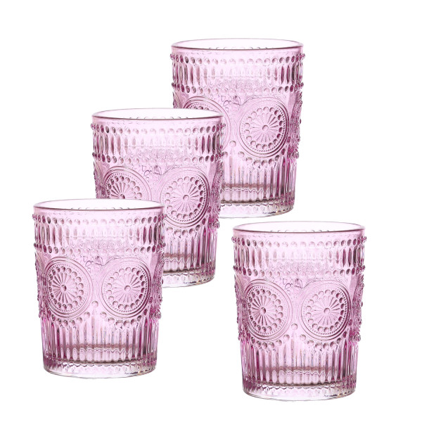 Trinkgläser Vintage mit Blumenmuster - Glas - 280ml - H: 10cm - Bohostil - lila - 4er Set