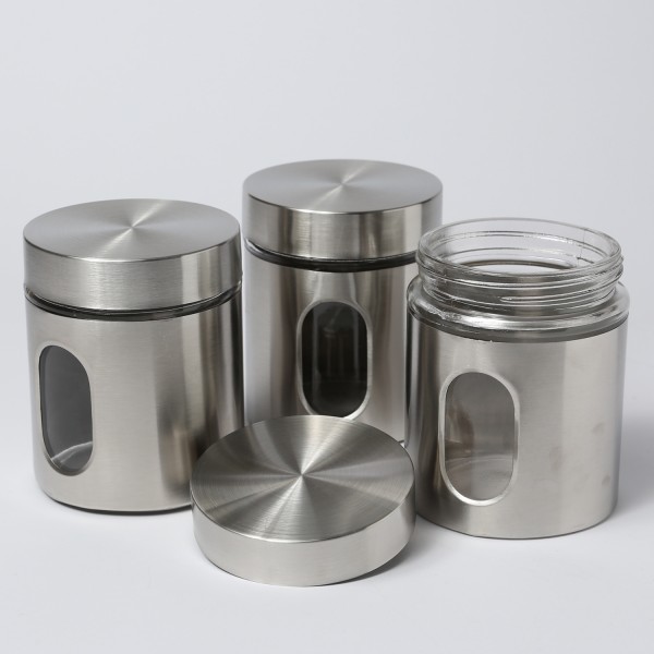 Vorratsdose - Edelstahl - Vorratsgläser mit Sichtfenster - 0,6 Liter - D: 10cm, H: 12cm - 3er Set