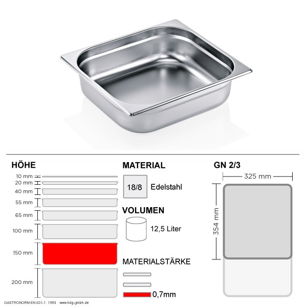 Gastronorm Behälter GN 2/3 - 150mm - GN90 - 18/8 Edelstahl - 0,7mm