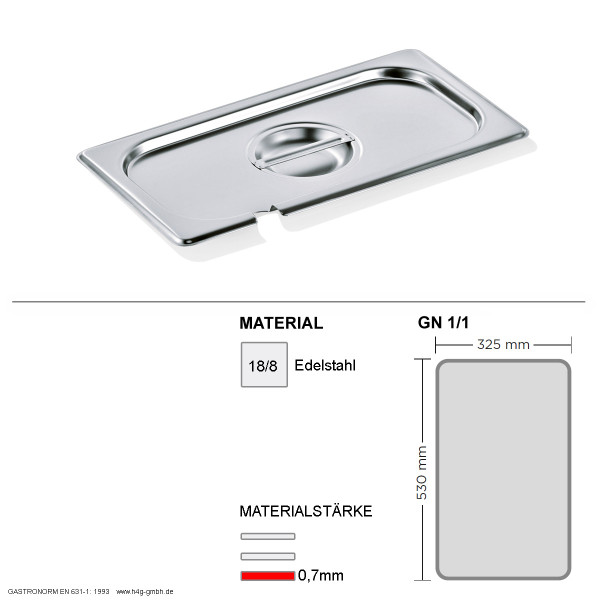 Gastronorm Deckel GN 1/1 - mit Löffelaussparung - GN90 - 18/8 Edelstahl - 0,7mm