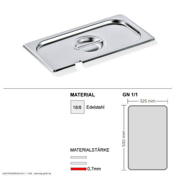 Gastronorm Deckel GN 1/1 - mit Löffelaussparung - GN90 - 18/8 Edelstahl - 0,7mm