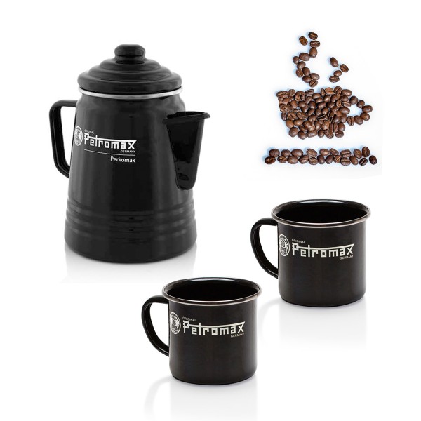 KAFFEE SET SUNDAY ON TOUR schwarz - Petromax Perkolator + 2 x Emaille Tassen - Outdoor Kaffee Genuss