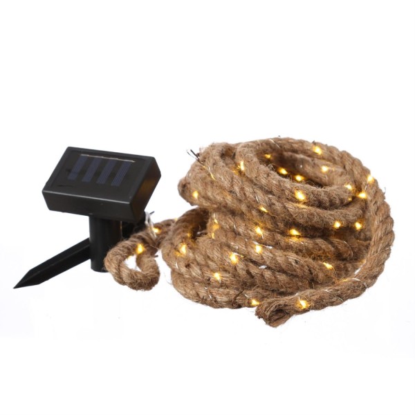 LED Solar Lichterkette JUTTA - Juteseil - 100 warmweiße LED - L: 5m - für Außen - natur, silber